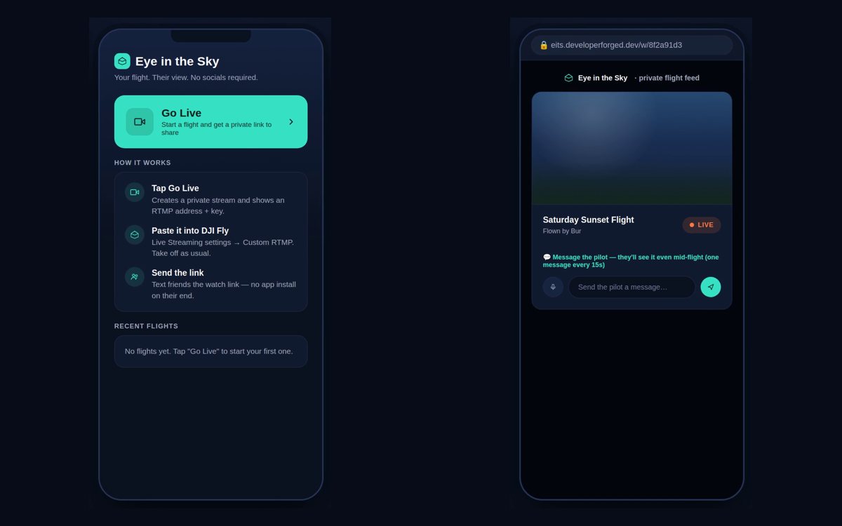 Eye in the Sky pilot app and the viewer's live flight page