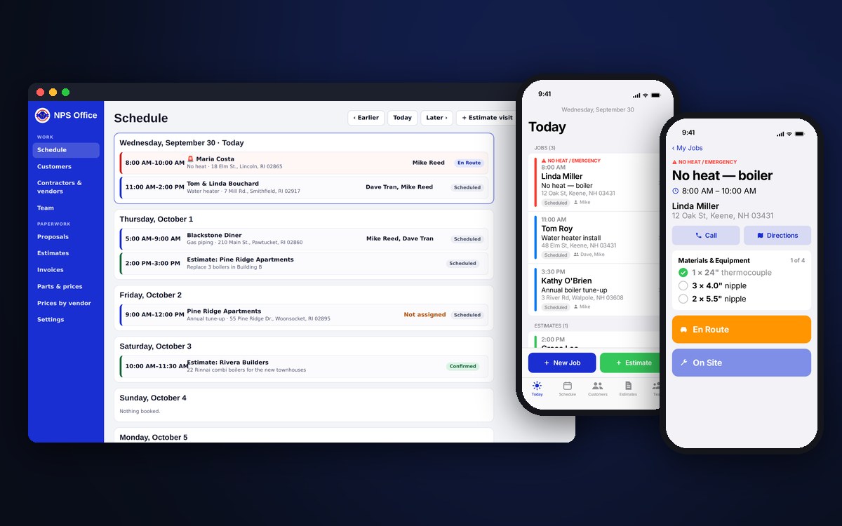 NPS Office schedule with the owner and crew iPhone apps, shown with sample data