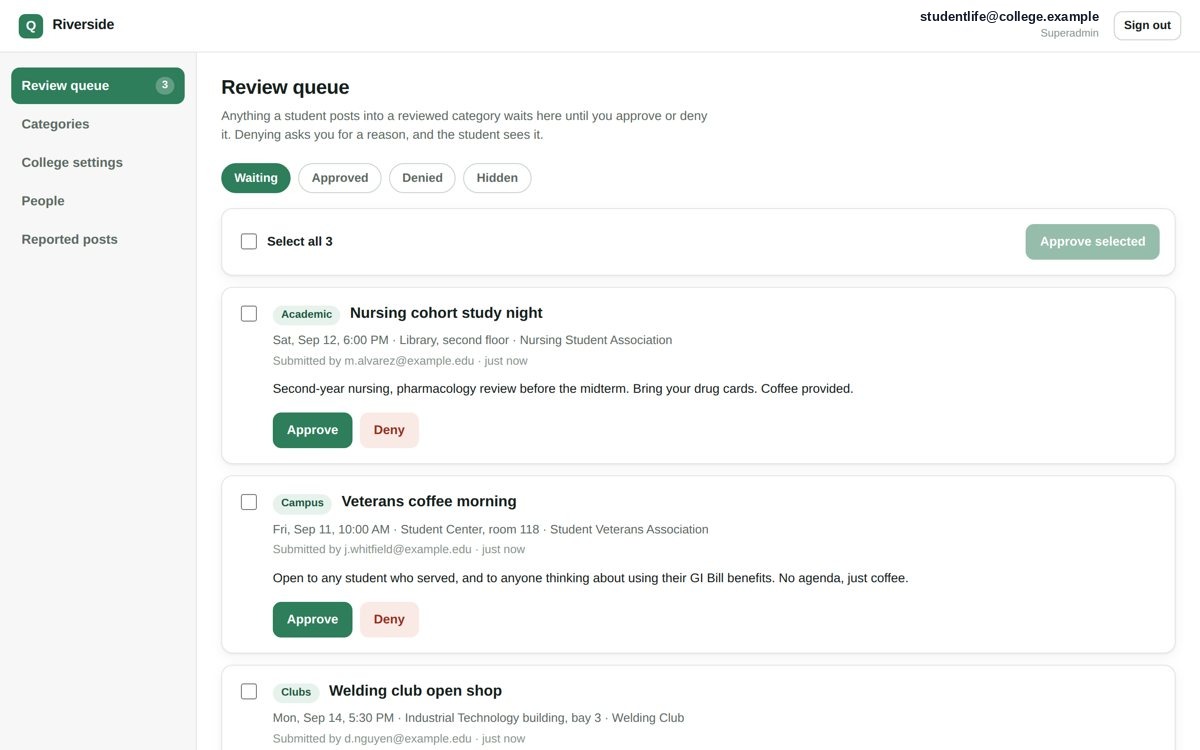 Quad staff console review queue with demo posts