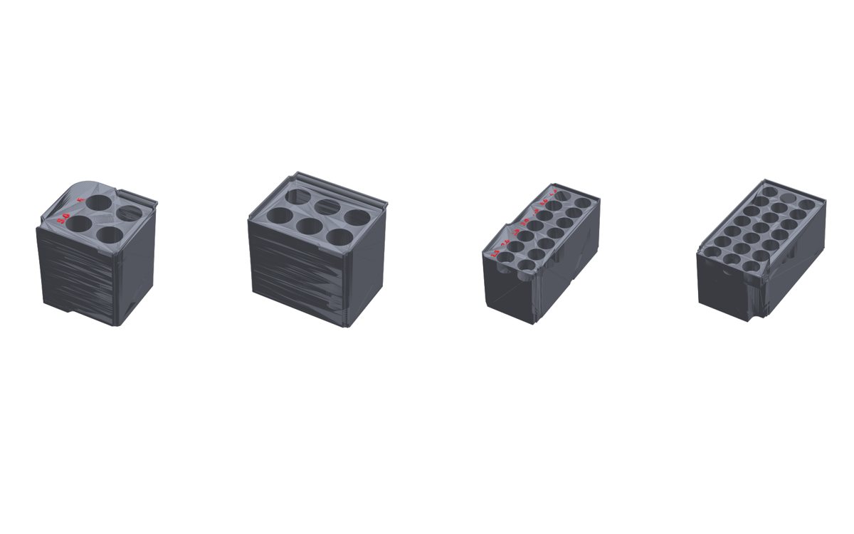 3D renders of four printed organizer bins with pockets for pipe nipples